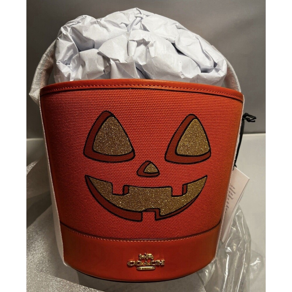 Coach Orange Canvas Bucket Jack-o-lantern Trick Or Treat Halloween Pumpkin NWT